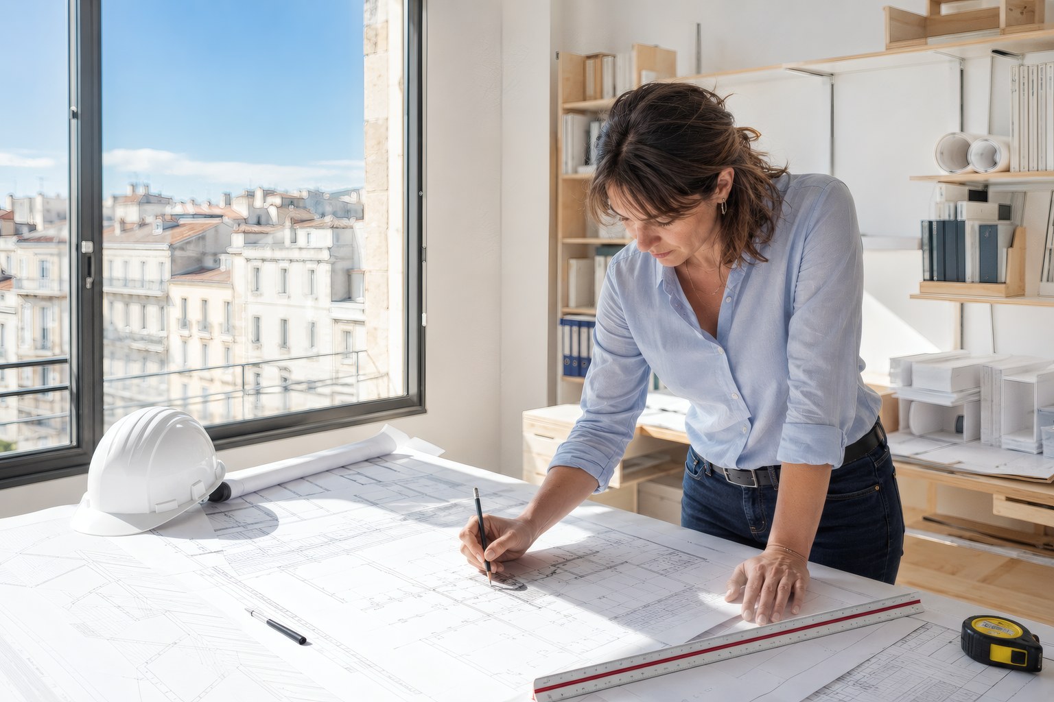 Une ingénieure annote un plan à la main sur une grande table, un casque de chantier posé à côté d’elle.