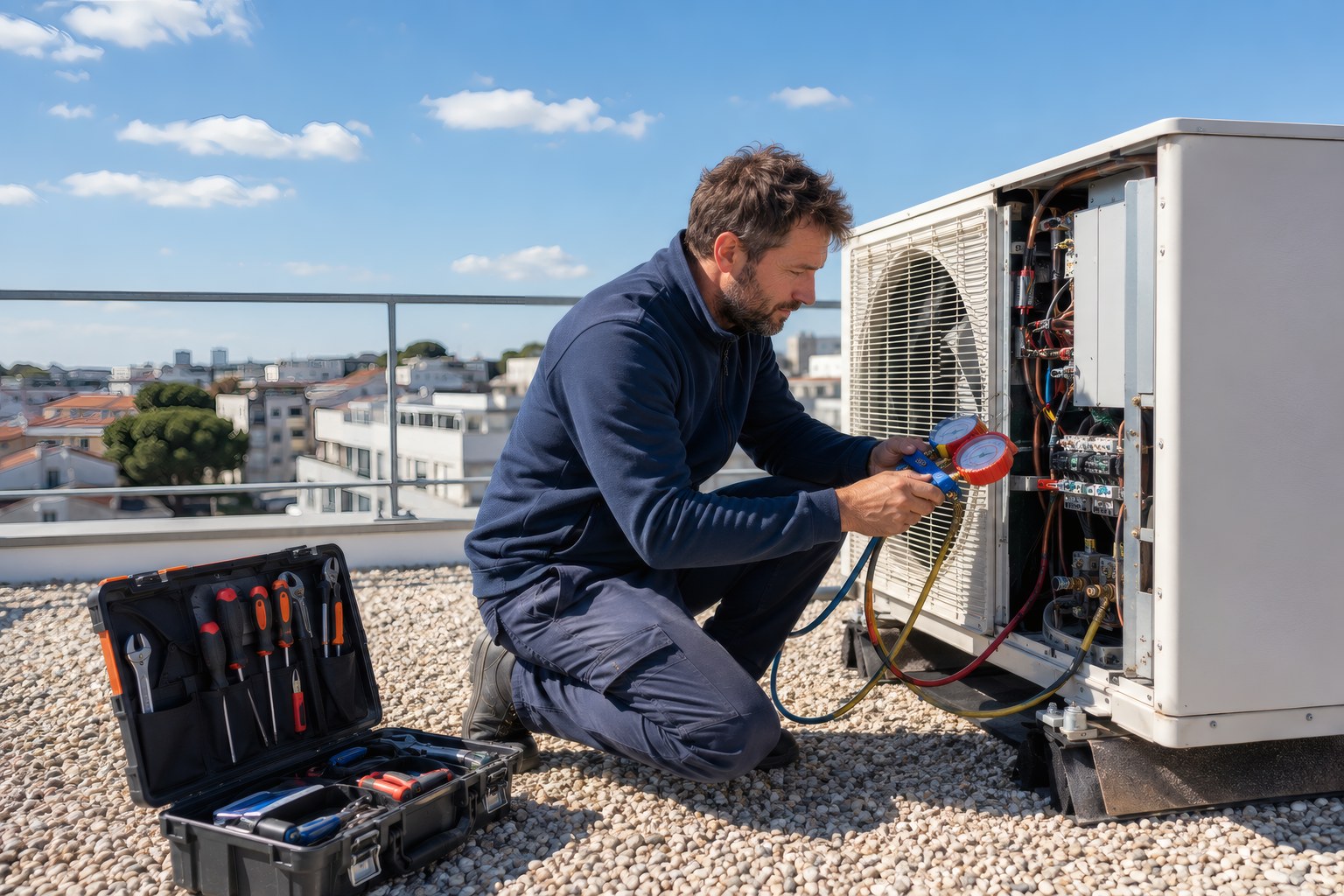 Un technicien règle un groupe extérieur de climatisation sur un toit-terrasse, manomètre en main, caisse à outils ouverte.
